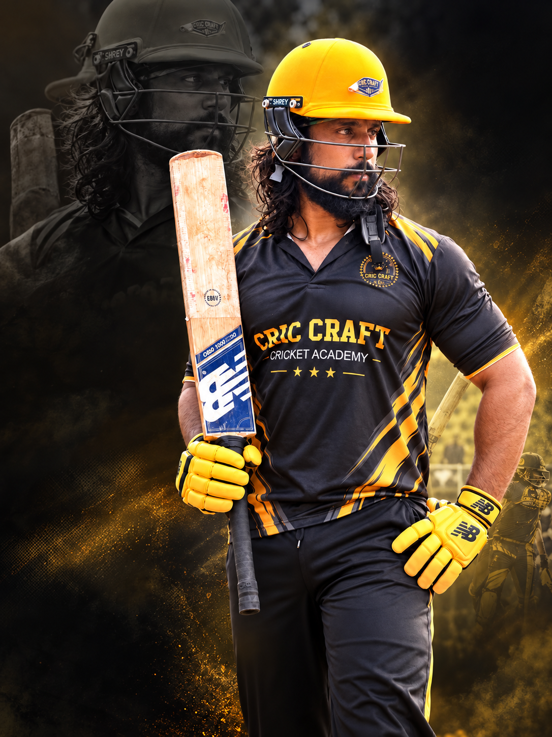 Mahadevan Thampi with cricket bat and equipment